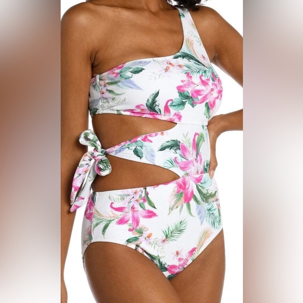 La Blanca White and Pink Floral One-Piece Swimsuit NWT XL